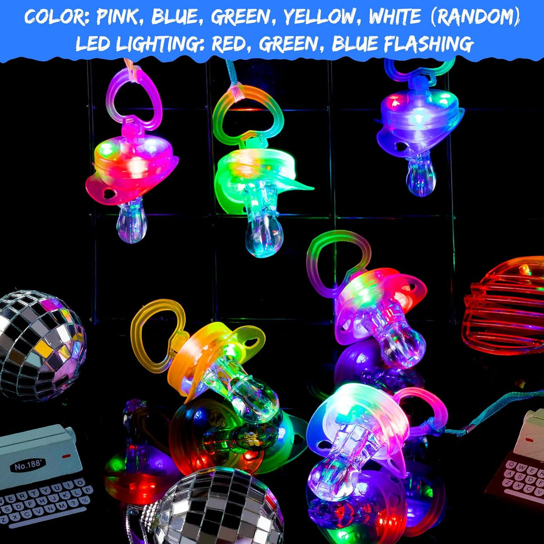 Rave Essentials Co. 10pcs / LED Pacifier Whistle (10pcs MegaPack) LUMI™ LED Flashing Pacifier + Necklace