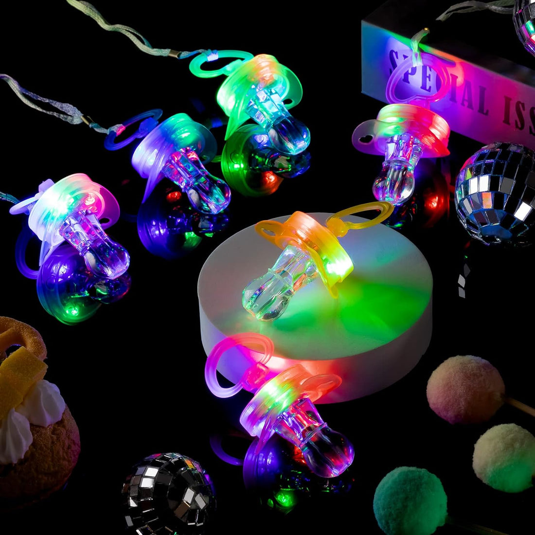 Rave Essentials Co. 10pcs / LED Pacifier Whistle (10pcs MegaPack) LUMI™ LED Flashing Pacifier + Necklace