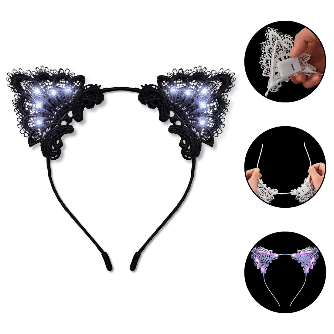 Rave Essentials Co. (4 Pack) LED Lace Cat Ear Headband