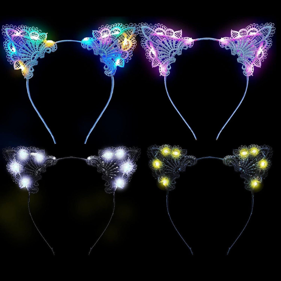 Rave Essentials Co. [AMAZON® EXPEDITED SHIPPING] (4 Pack) LED Lace Cat Ear Headband
